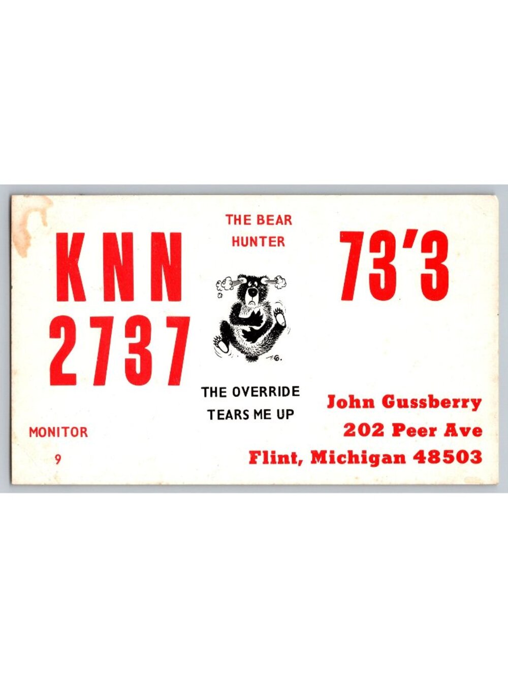 Vintage CB QSL Card KNN-2737 John Gussberry Flint Michigan Bear Hunter